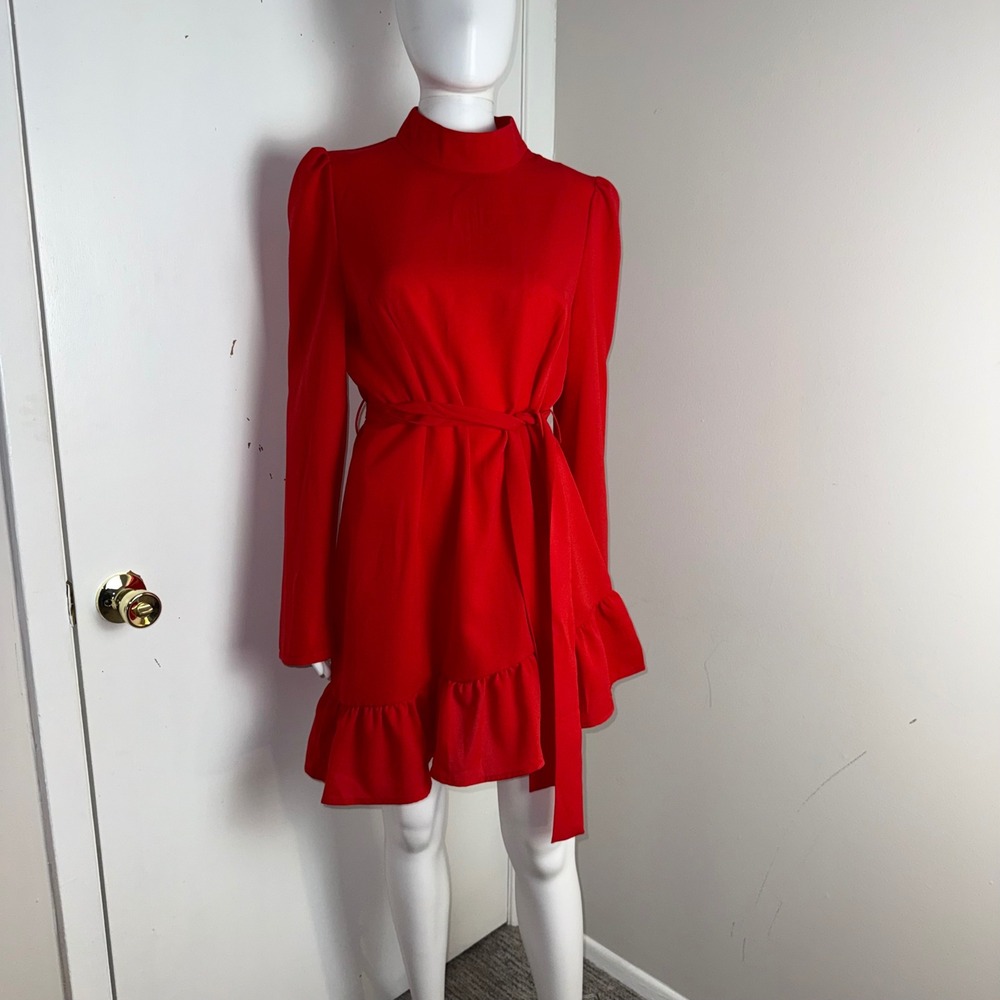 Red Mock Neck Long Sleeve Ruffle Hem Tie Waist Mini Dress Puff Shoulder Size M‎ - Picture 3 of 14